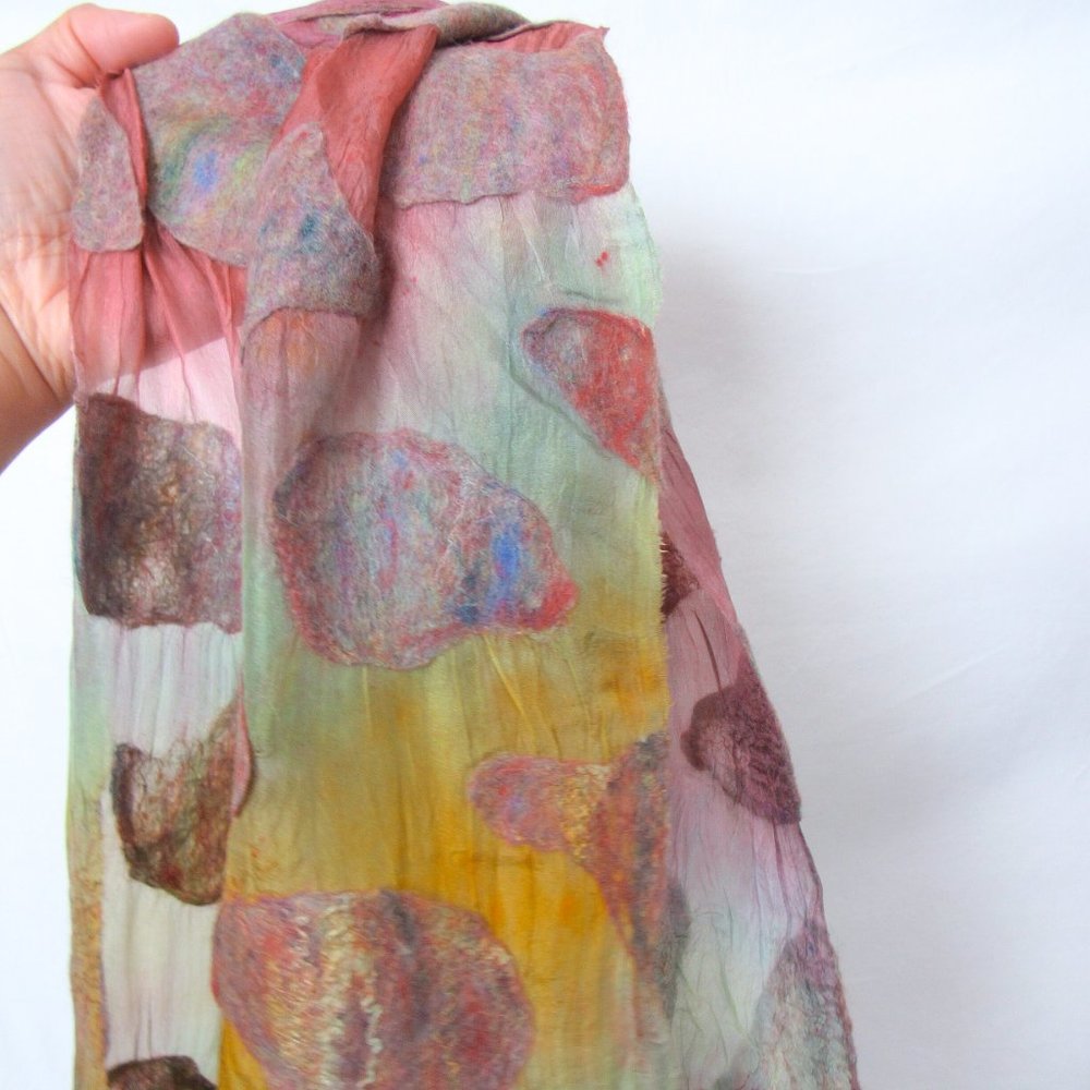 ARTISAN Ombre Dyed Silk Scarf Felted Cloud Detail Applique/ Multicolor- Long - Picture 4 of 7